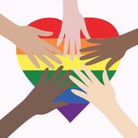 Vector illustration of the LGBT community. Hands of different colors on a rainbow heart. LGBTQ symbolism and colors. Human rights and tolerance. Happy Pride Month.