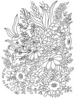 flores silvestres, hojas y bayas. hermoso ramo, composición botánica. Libros para colorear para adultos y niños. vector dibujado a mano, arte de línea.