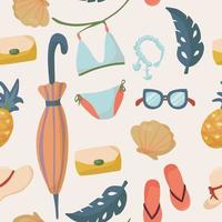 Seamless pattern with summer things and objects. beach accessories with bathing suit, flip flops and sunglasses vector