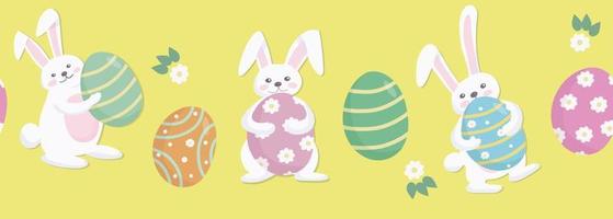 Easter seamless horizontal pattern in pastel colors. White cute bunnies with colored painted eggs. On a yellow background. Symbols of the religious holiday of Great Easter vector