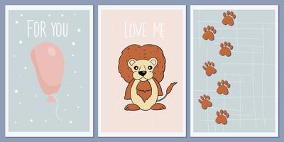 Set of templates for greeting cards and party invitations with animals. Cute lion. Baby background prints, paw prints. vector