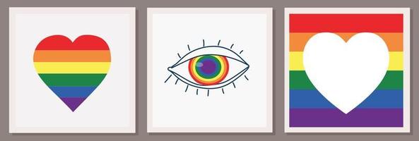 Set of three vector illustrations of the LGBT community. Hand with heart, rainbow and eye. Love lettering. LGBTQ symbols and colors. Human rights and tolerance. Happy Pride Month