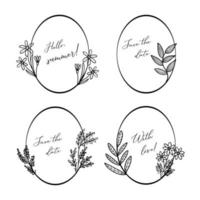 Set of frames with botanical elements. Field grass, branches with leaves and flowers. Line art hand drawing vector