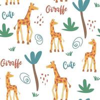 Seamless vector pattern of abstract animals, palm trees and shapes. Silhouettes of giraffes