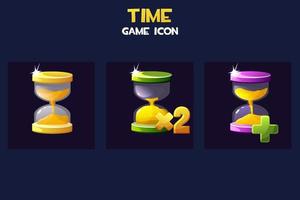 Hourglass game time icons, golden, colorful clock for gui. Vector illustration set hourglass bonuses for game design.