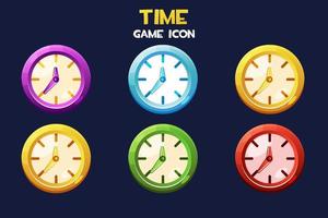 Multicolored round clock, game time icons for design. Vector illustration set bright watch for gui.