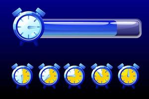 Time line bar, blue clock icons for game. Vector illustration set blue watch line indicator for GUI.