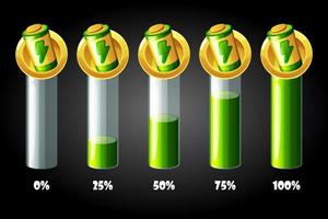 Battery energy scale bar, gold icons for game. Vector illustration set of charge lines for GUI.