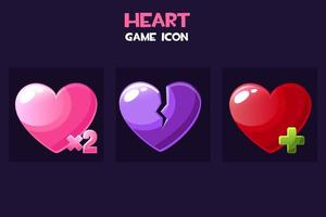 Concept set game hearts icons for design. Vector illustration game elements life form heart for gui.