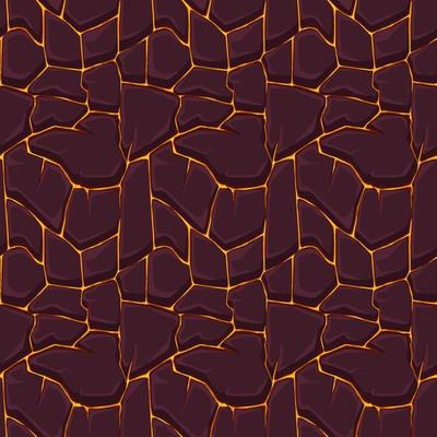 Seamless lava or fire pattern with stones for graphic design. Vector illustration textural background with orange lava for wallpaper.