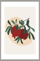 Pomegranate on a branch with leaves. Template with abstract composition of simple shapes and fruits. Minimalism vector