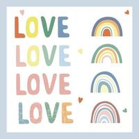 letras de amor, elementos de diseño. dibujado a mano. estilo boho arcoiris y colores pastel vector