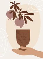 arte de pared botánico abstracto. copa de vino en la mano. fruta de granada con hojas. composición minimalista en estilo boho. vector