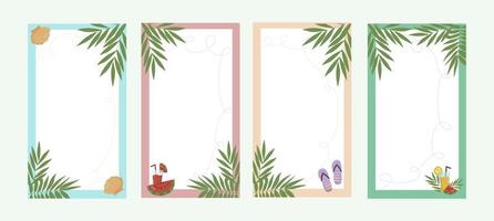 Stories on social media. Frame with tropical leaves and summer items - flip flops, fruit cocktail and sea shell.