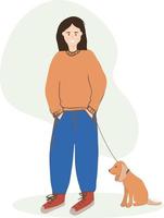 chica joven con estilo en jeans y suéter con un perro con correa. un paseo con su mascota favorita. amabilidad y amor por los animales. vector