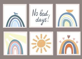 Set of cards with Rainbow and sun in boho style. Hand drawn lettering. Minimalist abstract Scandinavian design in pastel colors. vector