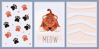 Set of postcard and invitation templates with a cute tiger. Background African ethnic prints with spots and wavy lines. vector