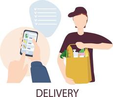 Concept for safe home delivery of products and food from a restaurant. Courier holds package, hands order to customer. Online grocery store, ordering on the Internet vector