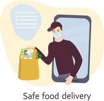el concepto de entrega segura en el hogar. el mensajero sostiene una bolsa de comida, le entrega al cliente comida rápida. hombre con máscara y guante, protección contra virus. tienda de comestibles en línea. vector