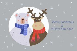 Merry Christmas greeting card. Cute Teddy Bear and Reindeer in a scarf came to visit. vector
