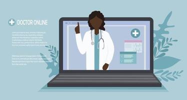 A black American woman doctor talks to a patient online. Video communication and messages. Medical consultations, exams, treatment, services, health care, conference online vector