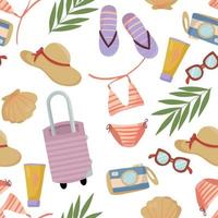 Seamless pattern with summer things and objects. beach accessories with bathing suit, flip flops and sunglasses vector