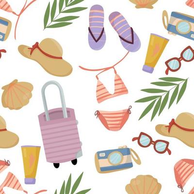 Seamless pattern with summer things and objects. beach accessories with bathing suit, flip flops and sunglasses