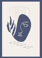 Abstract modern face with a botanical natural element. Minimalism and simple forms. Women's portrait in a single line style vector