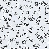 Seamless pattern of abstract vector elements in a simple doodle style. WAW inscription