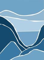 Minimalistic monochrome landscape. Abstract mountains and sea for a stylish background. Poster in different shades of blue vector