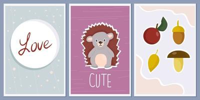 A set of templates for greeting cards and party invitations with animals. Cute hedgehog. Botanical elements vector