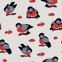 Seamless vector pattern of birds. Tits with red bellies and rowan berries. The concept of conservation and frugality of nature.