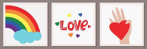 conjunto de tres ilustraciones vectoriales de la comunidad lgbt. una mano con un corazón y un arco iris. la inscripción amor. símbolos y colores lgbtq. derechos humanos y tolerancia. feliz mes del orgullo vector