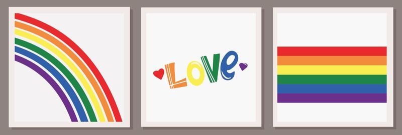 Set of three vector illustrations of LGBT community. Heart, rainbow and flag. Love inscription. LGBTQ symbols and colors. Human rights and tolerance. Happy Pride Month.
