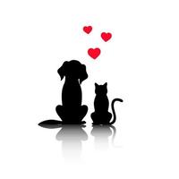 illustration of silhouettes of dog and cat with shadow and hearts vector