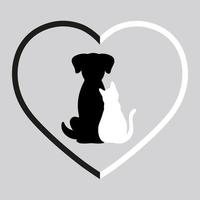 siluetas de perro y gato en corazón blanco y negro vector