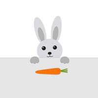 ilustración de un lindo conejo gris mirando zanahorias en la mesa vector