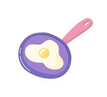 Cute cartoon hand drawn pan with fried eggs.  Kitchen utensil isolated on white background. Flat vector illustration.