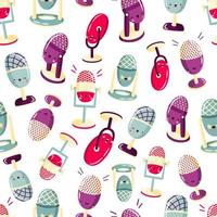 Vector seamless pattern with cute cartoon microphones with funny faces. Modern devices for podcast, broadcast, audio record.  Background for podcast channel. Flat vector illustration.