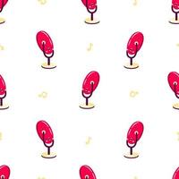 Vector seamless pattern with cute cartoon microphone with funny face. Modern device for podcast, broadcast, audio record.  Background for podcast channel. Flat vector illustration.