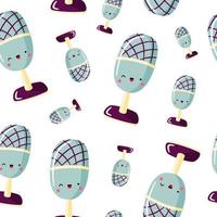 Vector seamless pattern with cute cartoon microphone with funny face. Modern device for podcast, broadcast, audio record.  Background for podcast channel. Flat vector illustration.