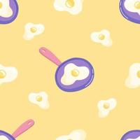 Cartoon hand drawn pan with fried eggs seamless pattern.  Kitchen utensil with breakfast food. Flat vector illustration.