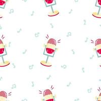 Vector seamless pattern with cute cartoon microphone with funny face. Modern device for podcast, broadcast, audio record.  Background for podcast channel. Flat vector illustration.