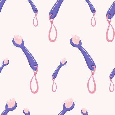 Cartoon hand drawn washing brush seamless pattern.  Cute cartoon bath accessory for washing and selfcare. Flat vector illustration.