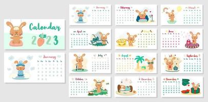 calendario de escritorio horizontal 2023 con lindos conejos de dibujos animados. el año del conejo según el calendario chino. portada y páginas de 12 meses con ilustraciones de temporada. semana comienza el domingo.