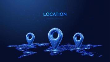 Points of location 3d icon. Navigator pin location checking on world map background. Wireframe gps map marker sign. Low polygonal Navigation pointer global position system symbol. Vector illustration.
