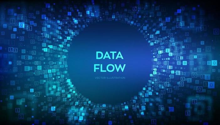 Data Flow. Binary data flow tunnel. Virtual tunnel warp. Coding, programming or hacking concept. Abstract futuristic cyberspace. Big data. Digital code with digits 1.0. Vector Illustration.