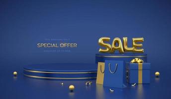 SALE banner. Scene and 3D round platforms with gold circle on blue background. Golden Sale balloon word. Pedestal with gift boxes with gold bow and shopping bags. Realistic vector illustration.