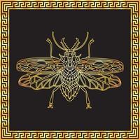 A golden beetle with a golden square frame in Greek style. vector