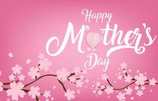 Mother's Day greeting card banner vector with 3d flying hearts pink papercut and cherry blossom or sakura.symbol of love and handwritten letters on pink background.